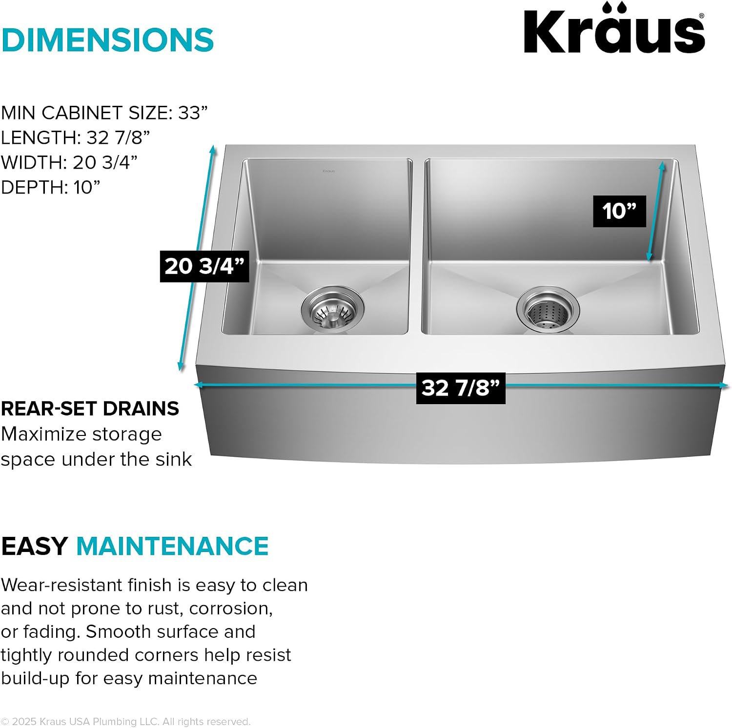 Kraus KHF204-33 Standart PRO Kitchen Stainless Steel Sink, 16 Gauge, 33' Undermount Round Apron 40/60 Double Bowl Kitchen Sink