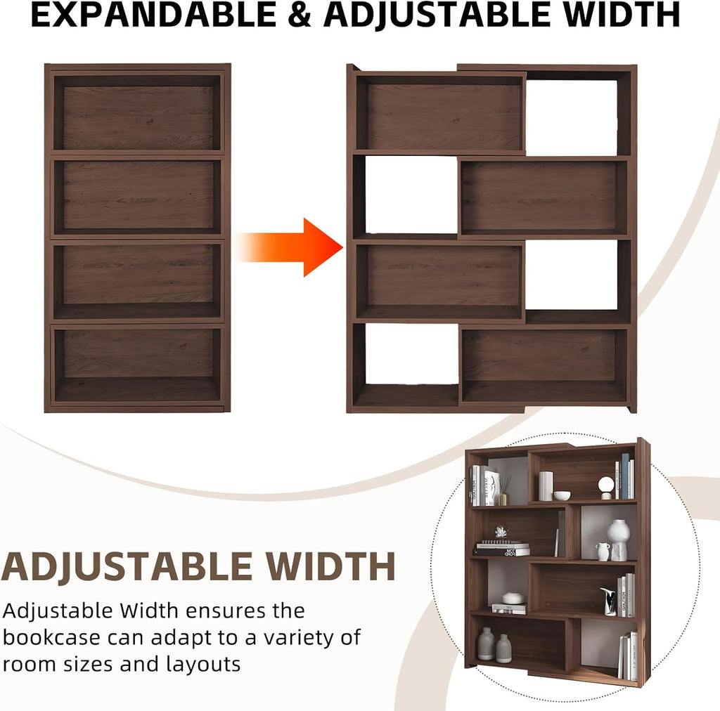 Expandable 3-in-1 Convertible Bookcase with Adjustable Width, Corner & Straight Shelf Design, 4-Tier Modern Storage Organizer, Space-Saving (Black + Retro, 23.6' × 11.8' × 63.0')