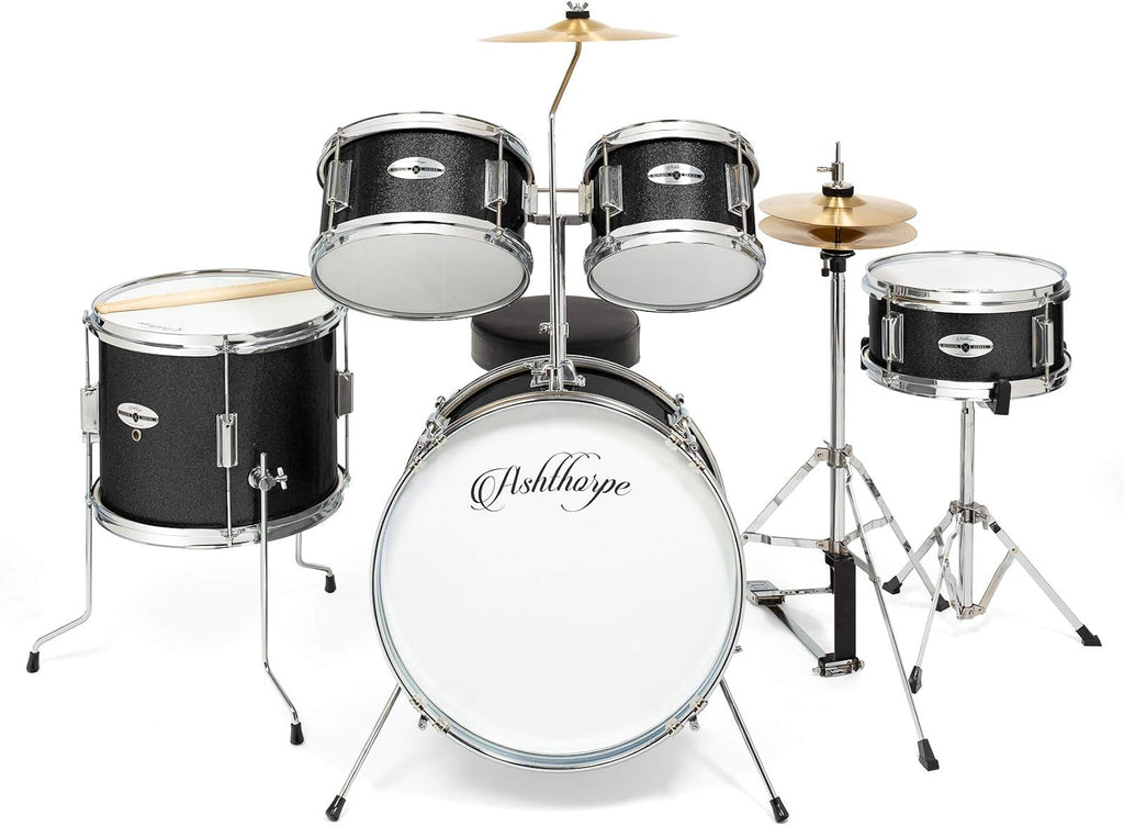 Ashthorpe 5-Piece Complete Junior Drum Set with Genuine Brass Cymbals - Advanced Beginner Kit with 16' Bass, Adjustable Throne, Cymbals, Hi-Hats, Pedals & Drumsticks - Black