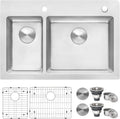 Ruvati 33 x 22 inch Drop-in Topmount Kitchen Sink - 16 Gauge Stainless Steel 30/70 Double Bowl Kitchen Sink with Brushed Finish hides scratches, Easy-to-Clean Drop-in kitchen Sink - RVM5176