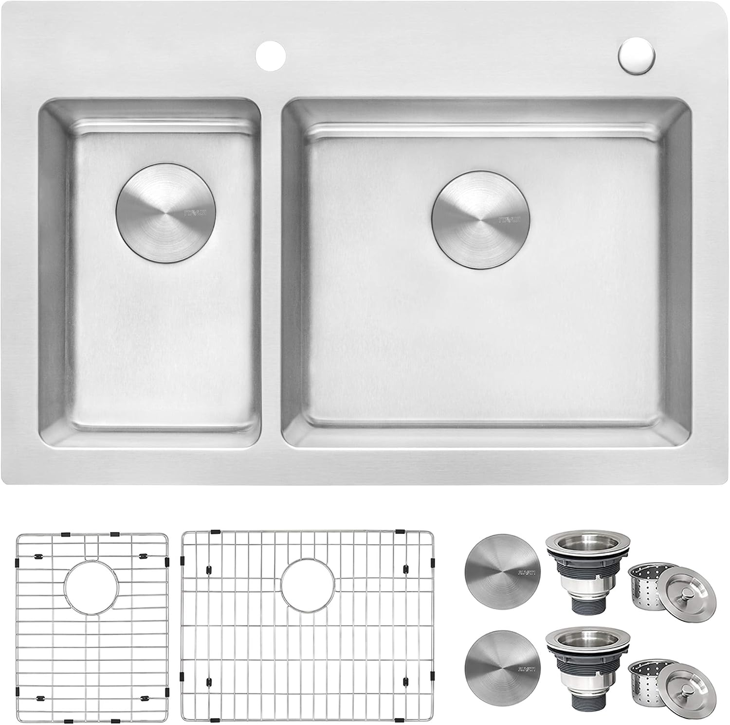 Ruvati 33 x 22 inch Drop-in Topmount Kitchen Sink - 16 Gauge Stainless Steel 30/70 Double Bowl Kitchen Sink with Brushed Finish hides scratches, Easy-to-Clean Drop-in kitchen Sink - RVM5176