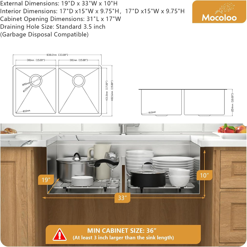 Mocoloo 33 Inch Kitchen Sink Double Bowl 16 Gauge 33 x 19 Stainless Steel Undermount Double Sink 50/50 Two Equal Compartment Under Counter Handmade, 10'' Deep Basin