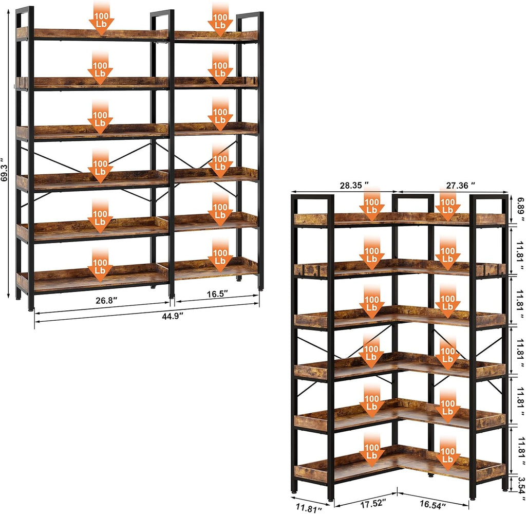 KOUSEI 6-Tier L-Shaped Reversible Corner Bookshelf, 69' Rustic Brown Industrial Wood & Metal Bookcase, Wide Open Shelves + 4 Hooks for Living Room/Bedroom/Home Office