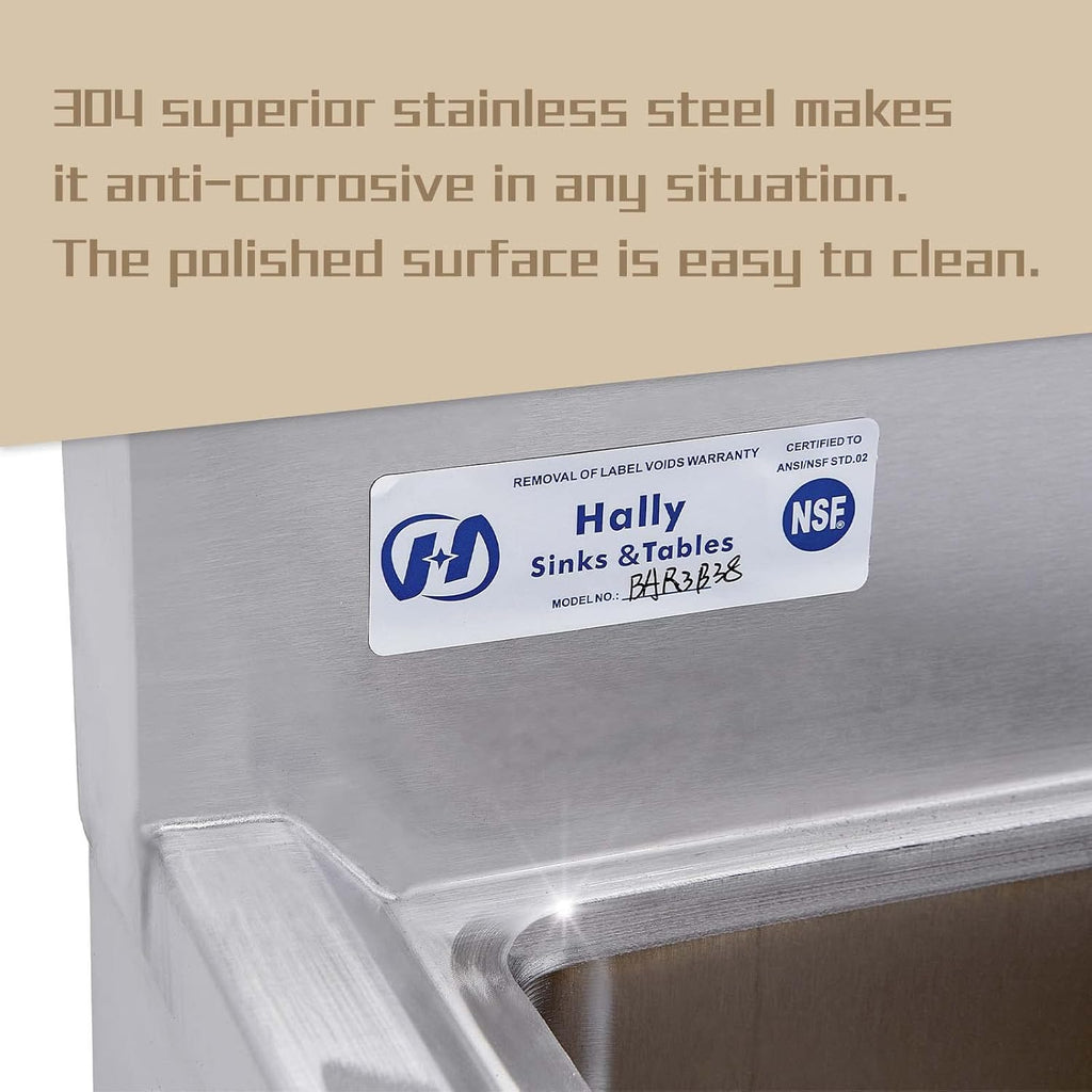 HALLY 3 Compartment Sink of Stainless Steel NSF Commercial Utility Basin with 10' L x 14' W x 10' D Bowl for Bar, Restaurant, Kitchen, Hotel and Home