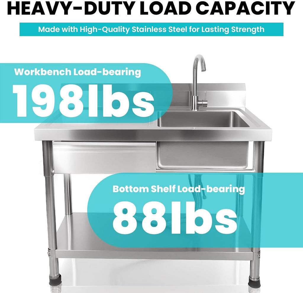 Utility Sink Stainless Steel Laundry Sink, 360 Degree Rotating Faucet, Hot And Cold Water Functions for Garage Kitchen Bathroom Laundry Use (Single Bowl 40'' Sink with Drawer and Workbench)
