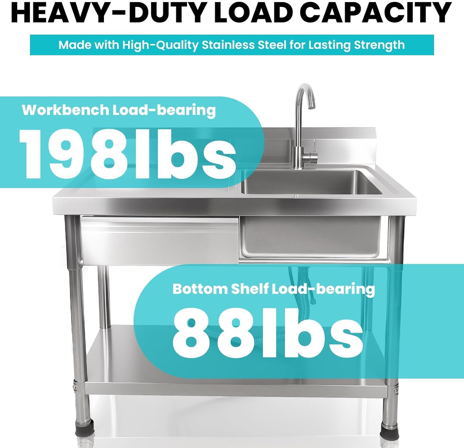 Utility Sink Stainless Steel Laundry Sink, 360 Degree Rotating Faucet, Hot And Cold Water Functions for Garage Kitchen Bathroom Laundry Use (Single Bowl 40'' Sink with Drawer and Workbench)