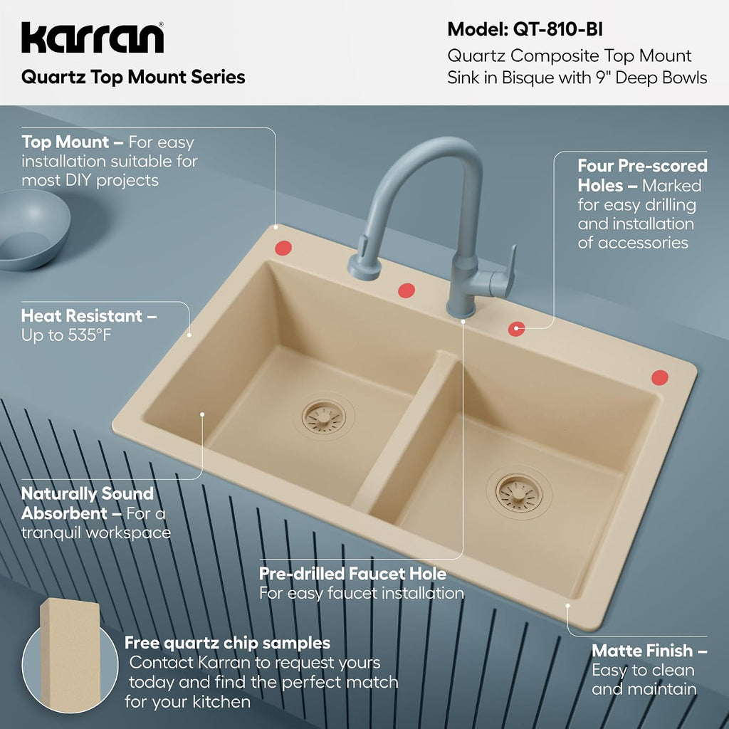 Karran 33' Bisque Quartz Composite Double Bowl Kitchen Sink – Top Mount Drop-In 50/50 Low Divider, 80% Natural Quartz, 535°F Heat Resistant, Sound Dampening, Granite Composite