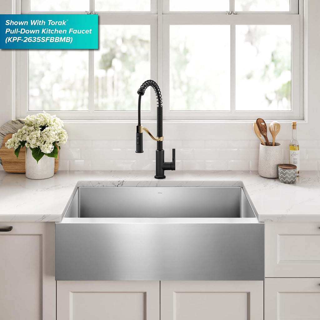 KRAUS Standart Pro 33-Inch Flat Apron Front Farmhouse 16-Gauge Single Bowl Stainless Steel Kitchen Sink, KHF410-33