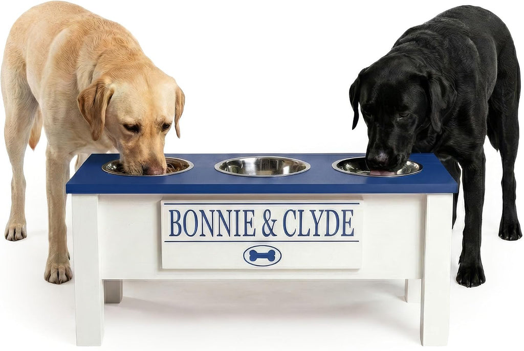 GTW Elevated 3 Bowl Dog Feeding Station - Customized Triple Stand for Large Dogs - Includes Storage & Stainless Steel Bowls (Large, Blue)