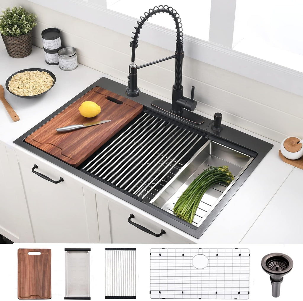 30 Inch Black Drop in Kitchen Sink Workstation -VOKIM 30 x 22 - Inch Drop in sink 16 Gage Stainless Steel TopMount sink Single Bowl 10'' Deep Kitchen Sink with Cutting Board