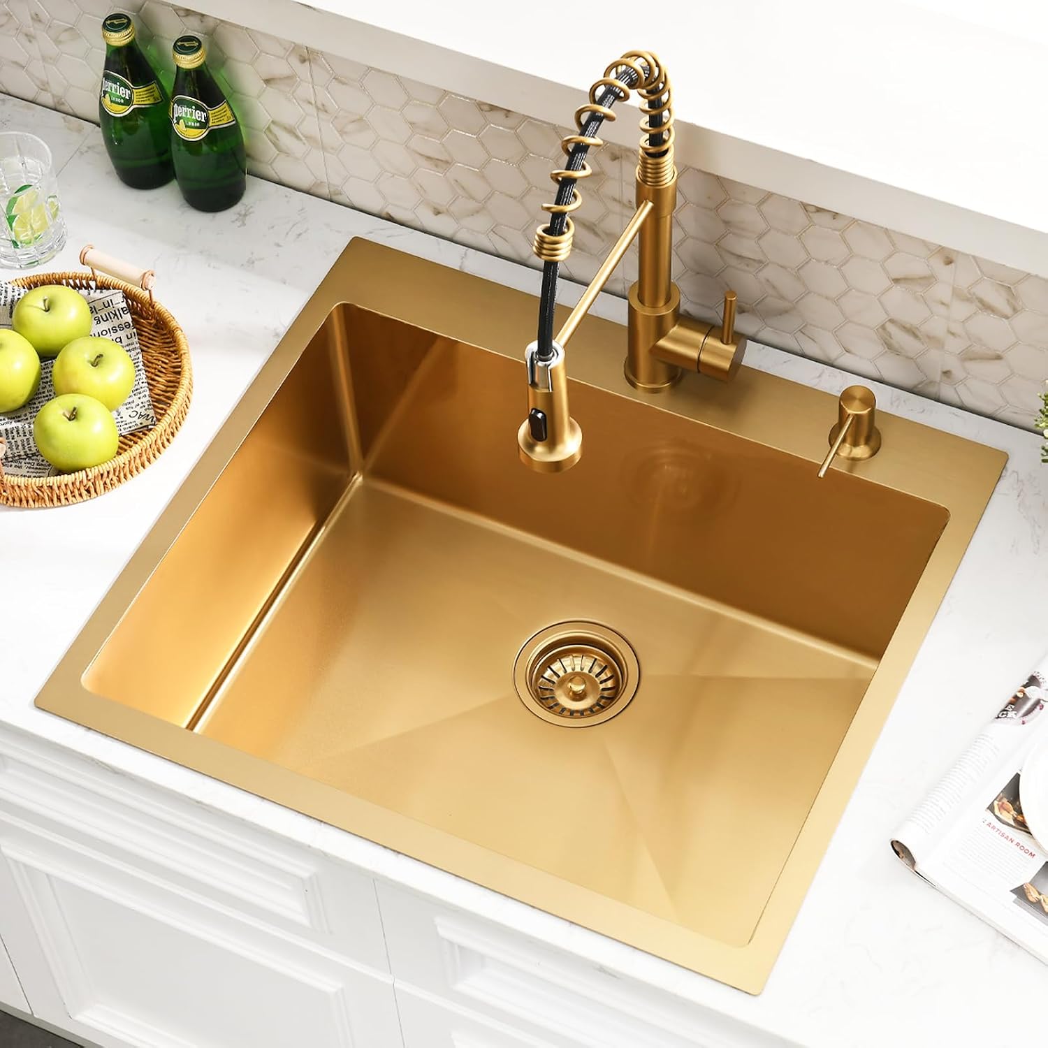 25 Inch Gold Drop In Kitchen Sink with Faucet Combo - 25x22 Modern Gold Stainless Kitchen Sink Drop In, Single Bowl Top Mount Sink with Soap Dispenser & Accessories