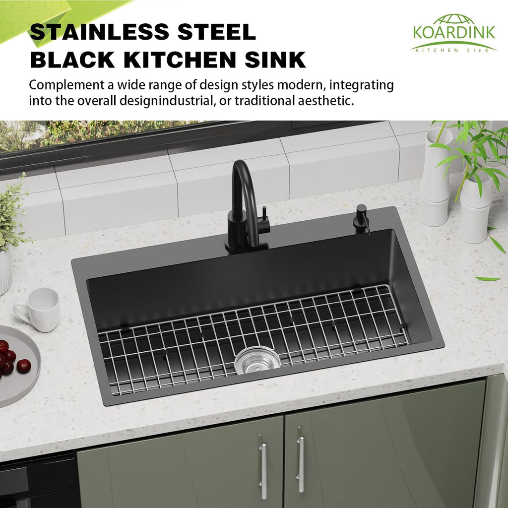 Black Kitchen Sink, 33x19 Inch Stainless Steel Drop In Modern Large Single Bowl Topmount Kitchen Sink Gift Combo-SS Grid,Silicon Mat, Drain Strainer Set Compatibility With Various Kitchen&Bar Styles