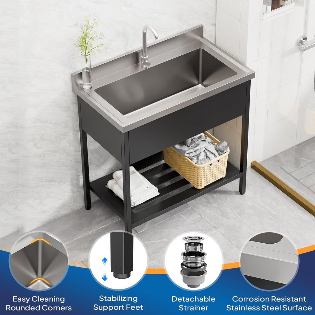ROVSUN Stainless Steel Utility Sink, 18-gauge Free Standing with Faucet & Legs for Laundry Room, Kitchen, Restaurant, Garage, Outdoor Garden, Backyard, Industrial 20'D x 36'W x 35.5'H Black