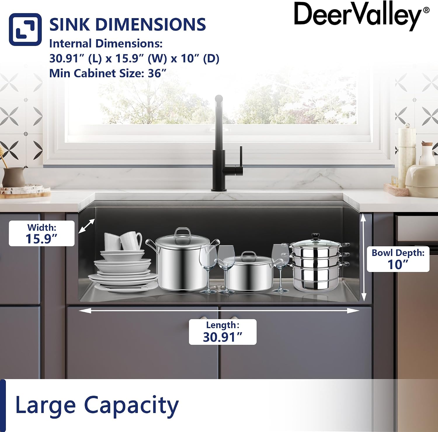 DeerValley Undermount Kitchen Sink Workstation 33 Inch, 16 Gauge Stainless Steel Single Bowl Sink, Handmade with Built-In Accessories, Ledge Design & Cutting Board