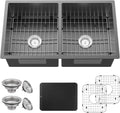Black Kitchen Sink, 50/50 Double Bowl 33x19x8 Inch Undermount Stainless Steel Drop In Large Kitchen Sink Combo-Stainless Grid, Silicon Mat, Installation Clips For Modern SS Stylish Kitchen&Bar