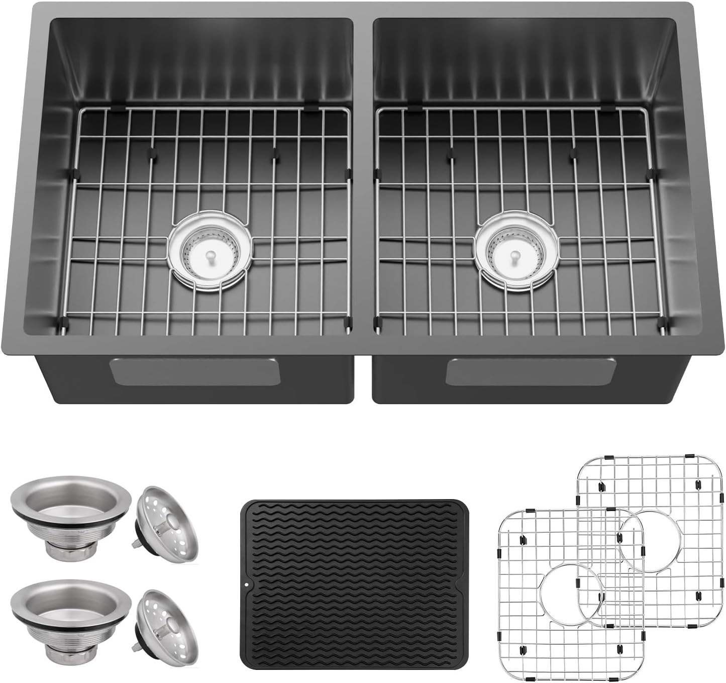 Black Kitchen Sink, 50/50 Double Bowl 33x19x8 Inch Undermount Stainless Steel Drop In Large Kitchen Sink Combo-Stainless Grid, Silicon Mat, Installation Clips For Modern SS Stylish Kitchen&Bar