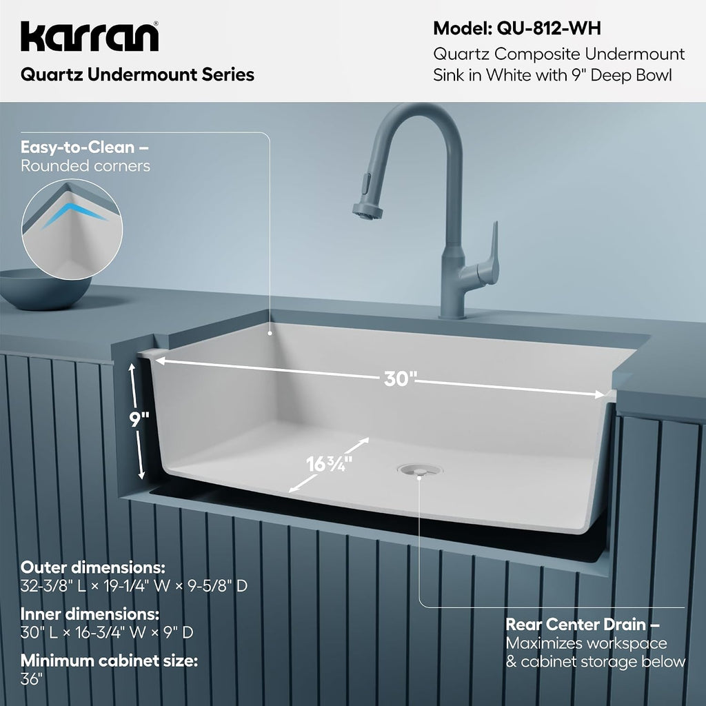 Karran 33 Inch White Undermount Single Bowl Quartz Composite Kitchen Sink, Extra Deep 9' Basin, Heat Scratch and Stain Resistant, Sound Dampening, Rear Drain Design – QU-812