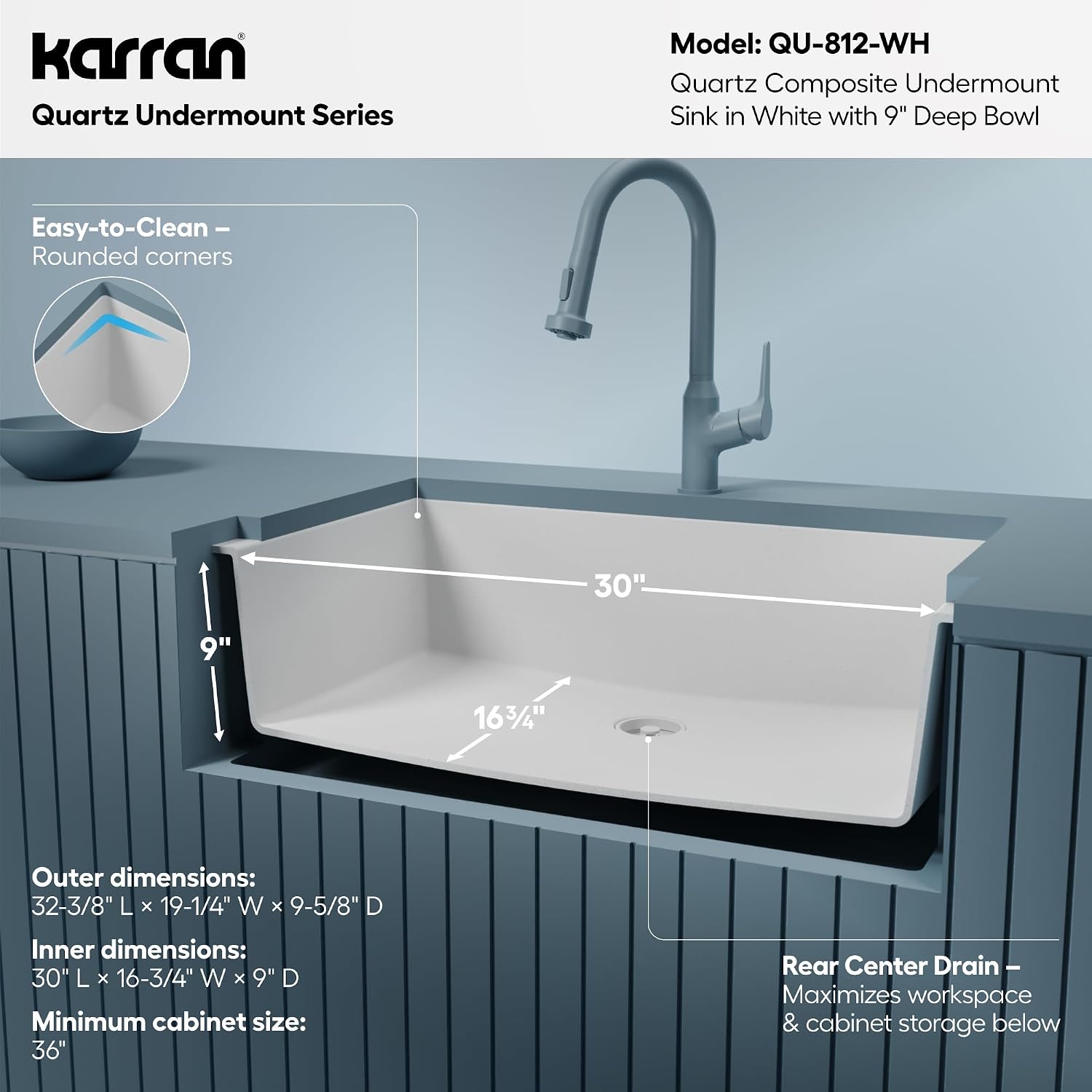 Karran 33 Inch White Undermount Single Bowl Quartz Composite Kitchen Sink, Extra Deep 9' Basin, Heat Scratch and Stain Resistant, Sound Dampening, Rear Drain Design – QU-812