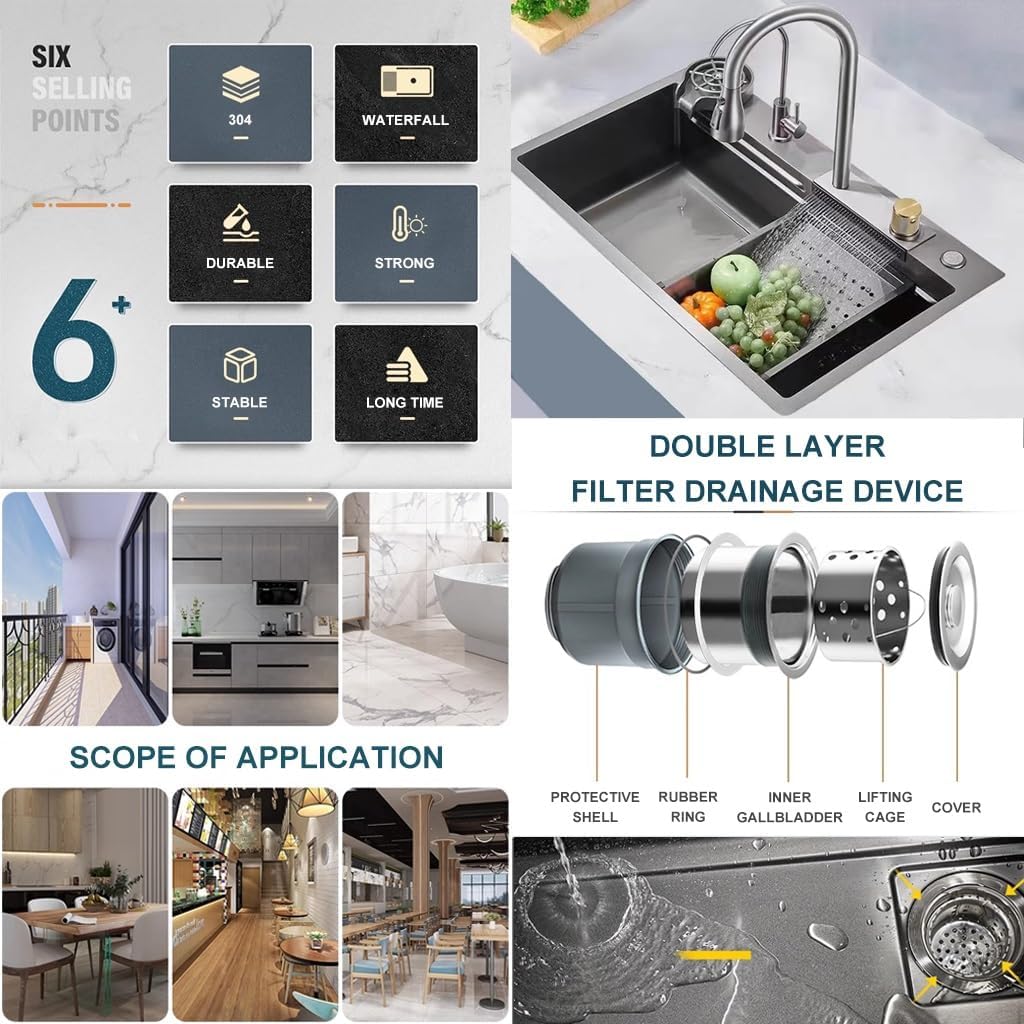 Stainless Steel Waterfall Sink Multifunctional Single Bowl Kitchen Sink Nano-Coated Workstation Sink with Pull-Out Faucet,Knob,Drain Basket,Cup Washer (