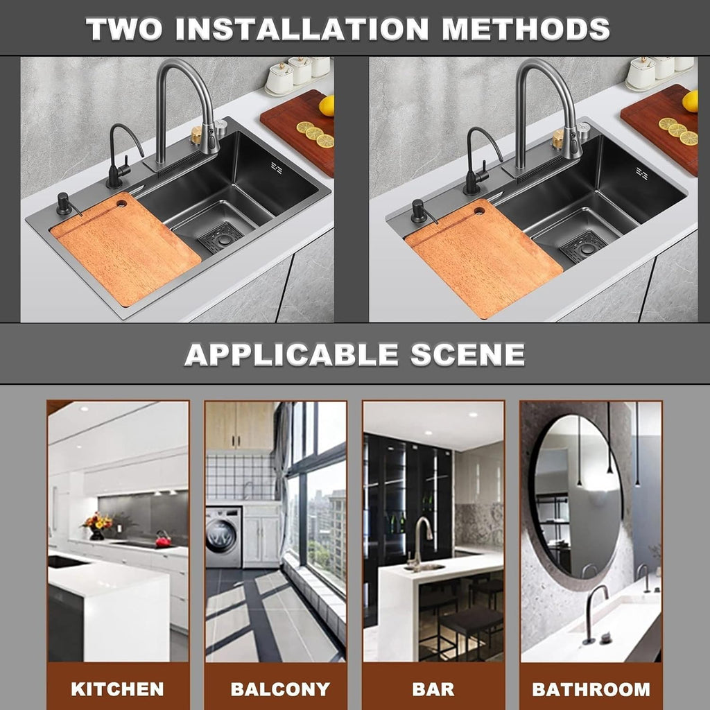 Single Bowl Kitchen Sink 304 Stainless Steel Single Bowl Bar Prep Sink RV Sink with Faucet Cup Washer Drain Assembly Drop in Or Under Mount (Color : Black, Size : 72x45x22cm) (Black 68x45x22cm)