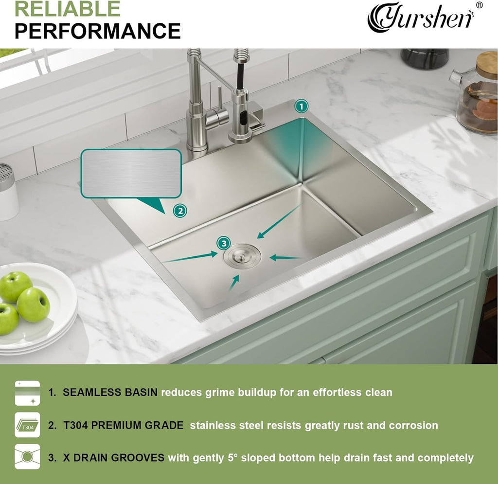 25 Inch Drop In Kitchen Sinks, 25'x22'x9' Topmount Stainless Steel Kitchen Sinks 16 Gauge 304 Drop Single Bowl Sink Basin R10 Corners, YST341