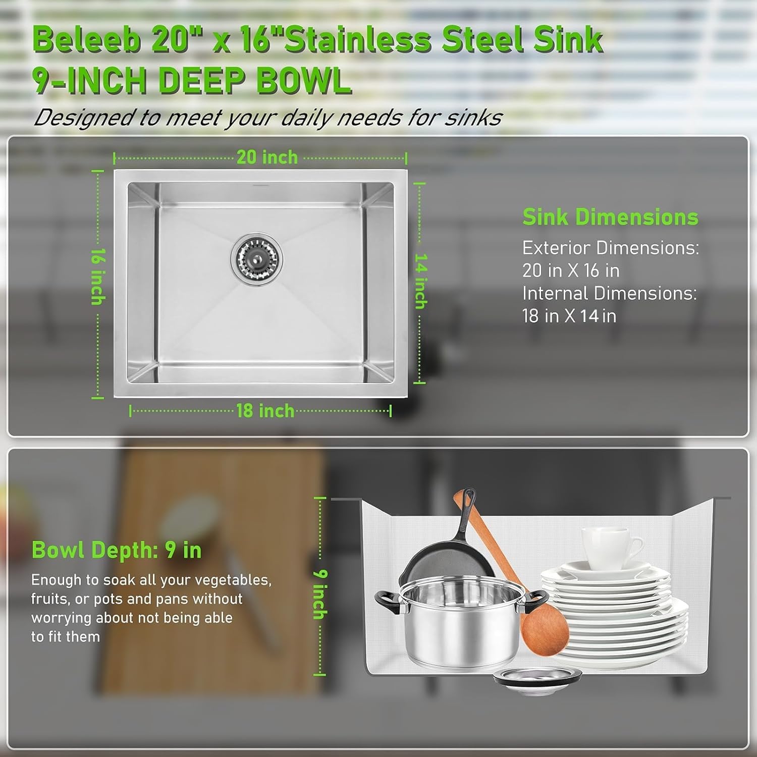 Undermount Kitchen Sink 20'x16', 9' Basin Depth, 3D Embossed Stainless Steel Sink Single Bowl with Accessories
