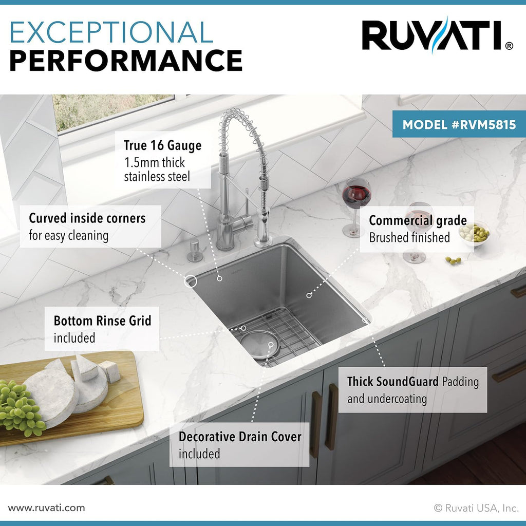 Ruvati 15-inch Undermount Bar Prep Kitchen Sink - 16 Gauge Stainless Steel Kitchen Sink Single Bowl with Brushed Finish hides scratches, Easy-to-Clean Undermount Sink - RVM5815