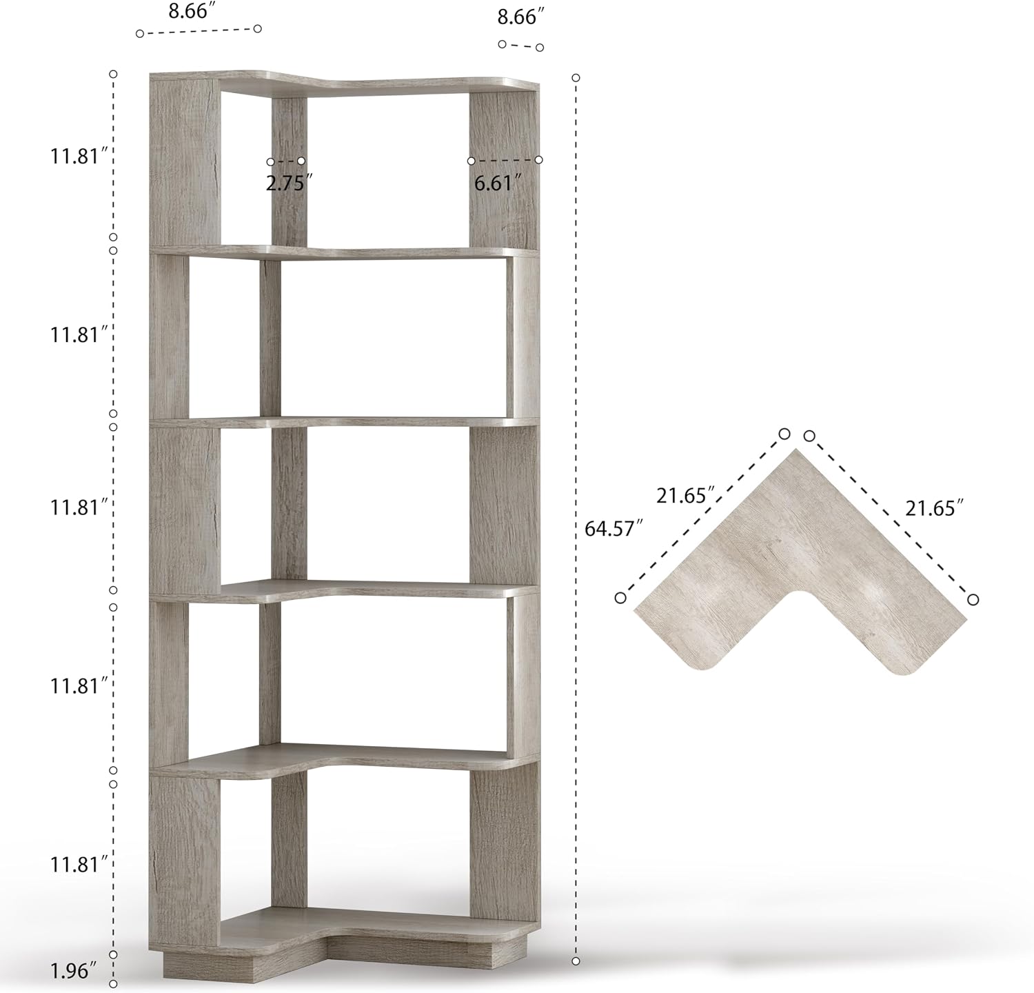 GDFStudio 64.6' Tall L-Shaped Corner Bookshelf, 6-Tier Freestanding Corner Shelf Bookcase with Anti-Drop Panels, Wooden Open Back Display Shelves Organizer for Living Room Bedroom Office, Light Gray