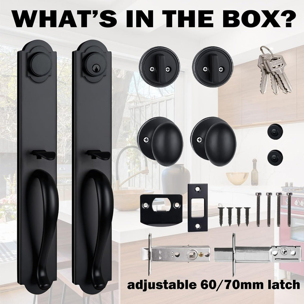 Double Door Handle Set for Front Door, Matte Black Keyed&Dummy Exterior Door Lockset with Deadbolt, Reversible for Right&Left Handed