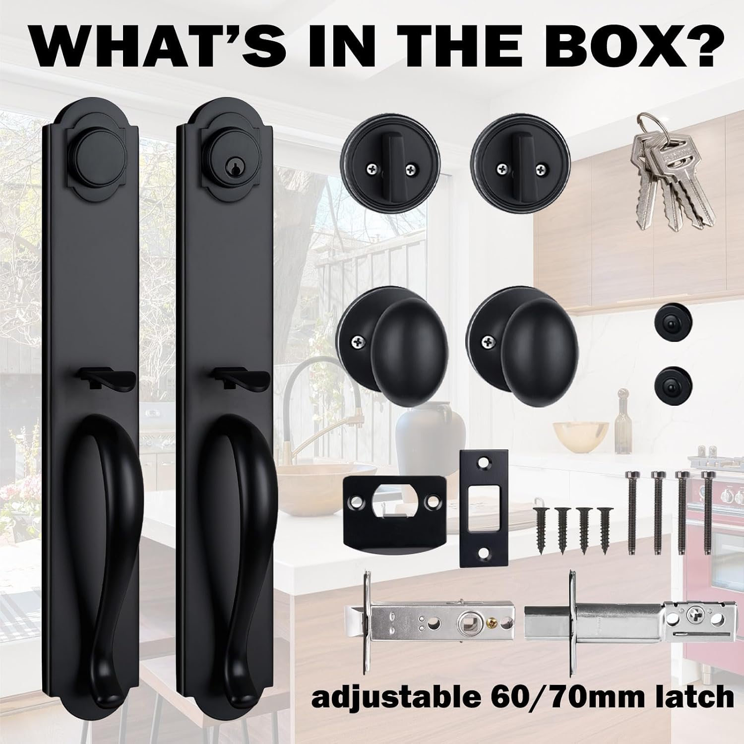 Double Door Handle Set for Front Door, Matte Black Keyed&Dummy Exterior Door Lockset with Deadbolt, Reversible for Right&Left Handed