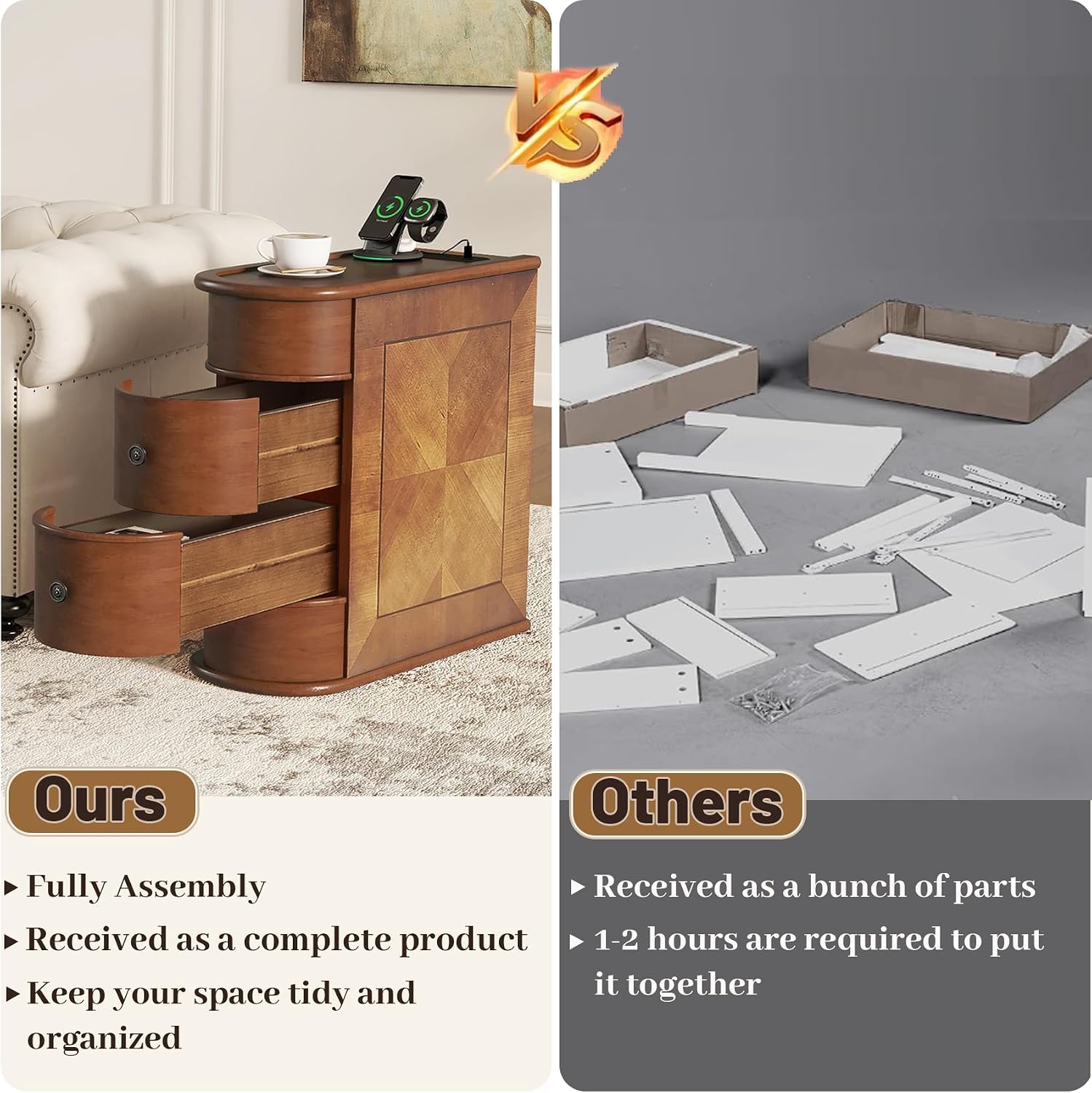 Narrow End Table with Charging Station, Wood Side Table with Drawers for Small Spaces, Long Nightstand with Storage, Slim Bedside Cabinet for Living Room/Bedroom/Corner, Fully Assembled, Walnut