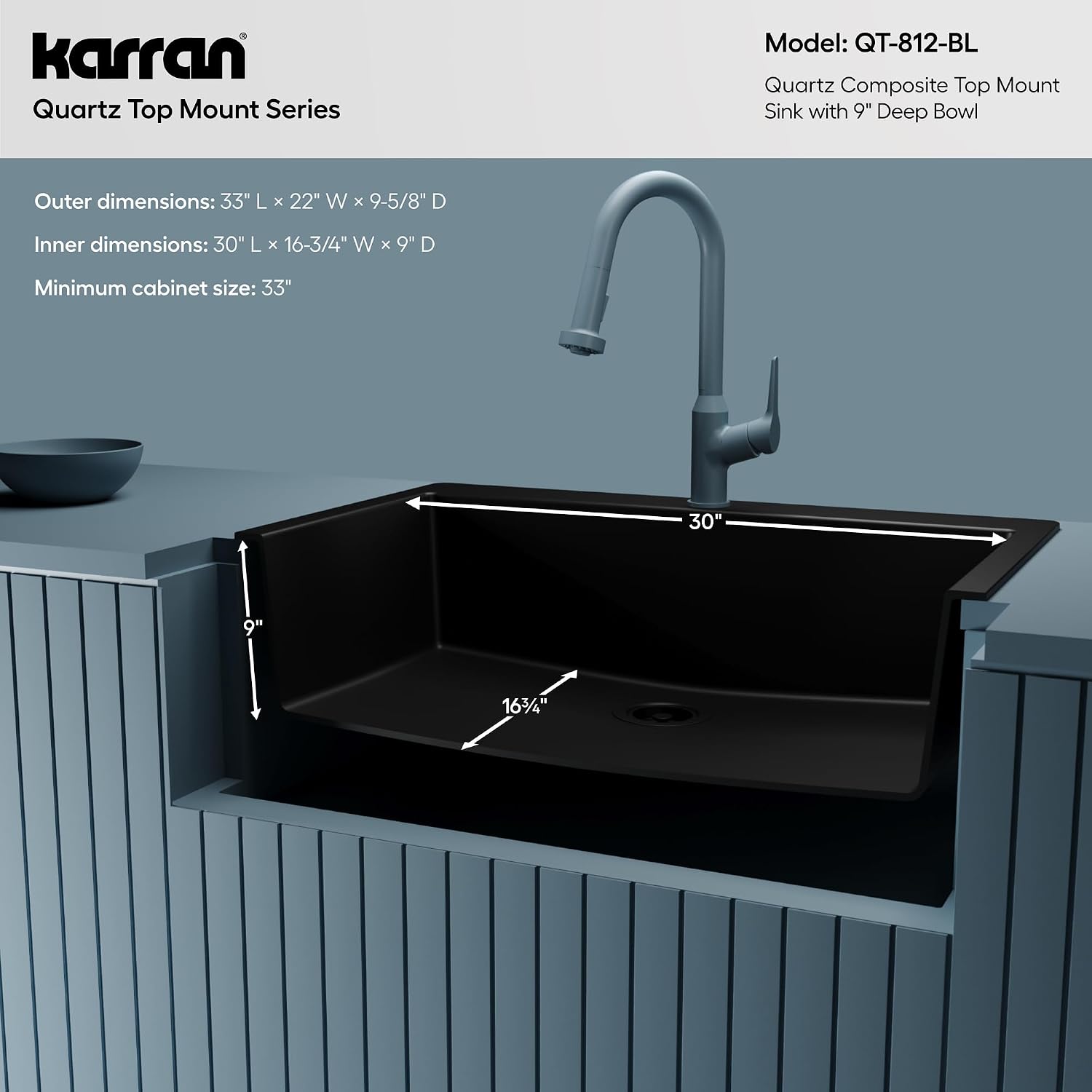 Karran 33' Drop-In Top Mount Quartz Composite Single Bowl Kitchen Sink in Black – Extra Deep 9' Basin, Heat Resistant, Sound Dampening, Easy Clean Surface