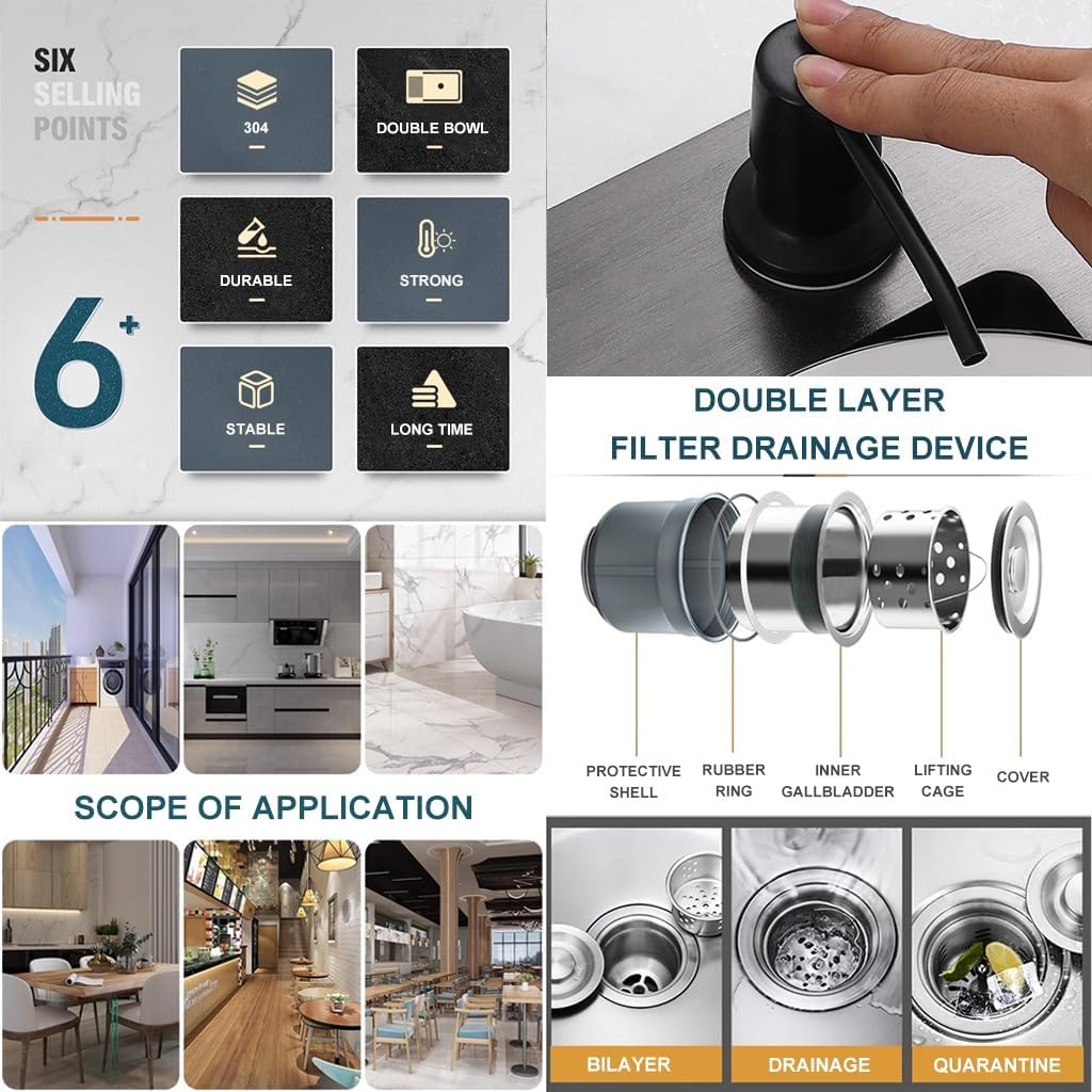 OM Black Nano Double Bowl Kitchen Sink Multifunctional Stainless Steel Bar Sink with Pull-Out Faucet Drain Basket Soap Dispenser Drainage Component (Black-72x40x21cm