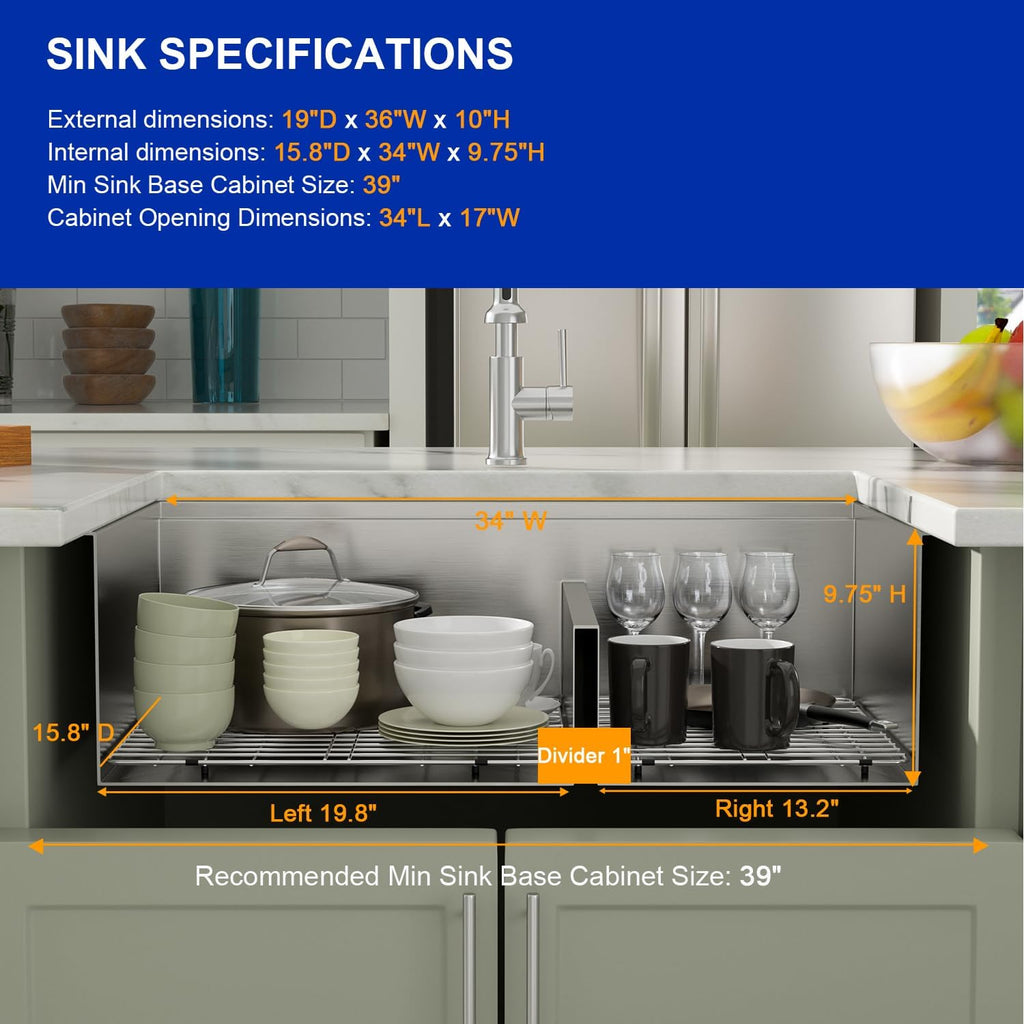 Dcolora 36 In. Undermount Double Bowl Kitchen Sink, 60/40 Low Divide Workstation, 16 Gauge 304 Stainless Steel Sink, 36' x 19' x 10' #DC-U7739