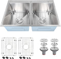 PHS 33 Inch Drop In Double Bowl Kitchen Sink 50/50-16 Gauge Stainless Steel Overmount Kitchen Sink 33x22 with Accessories, 9 Inch Deep Sinks with Brushed Finish
