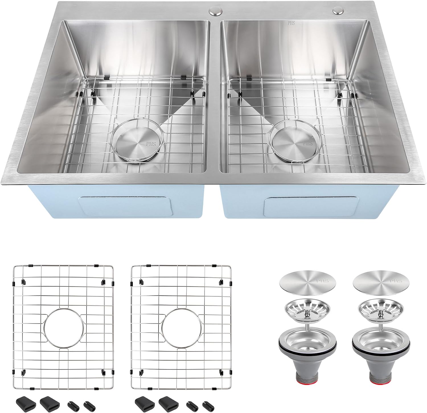 PHS 33 Inch Drop In Double Bowl Kitchen Sink 50/50-16 Gauge Stainless Steel Overmount Kitchen Sink 33x22 with Accessories, 9 Inch Deep Sinks with Brushed Finish