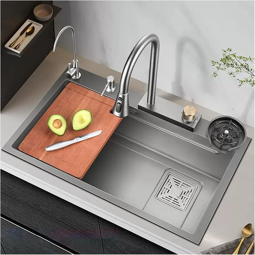 Generic Square Single Bowl Kitchen Sink 304 Stainless Steel Waterfall Sink He Multi-Function Rv Sink with Faucet and Cup Washer Drop in Or Under Mount (Color : Gun Grey, Size : 68x45x22cm)