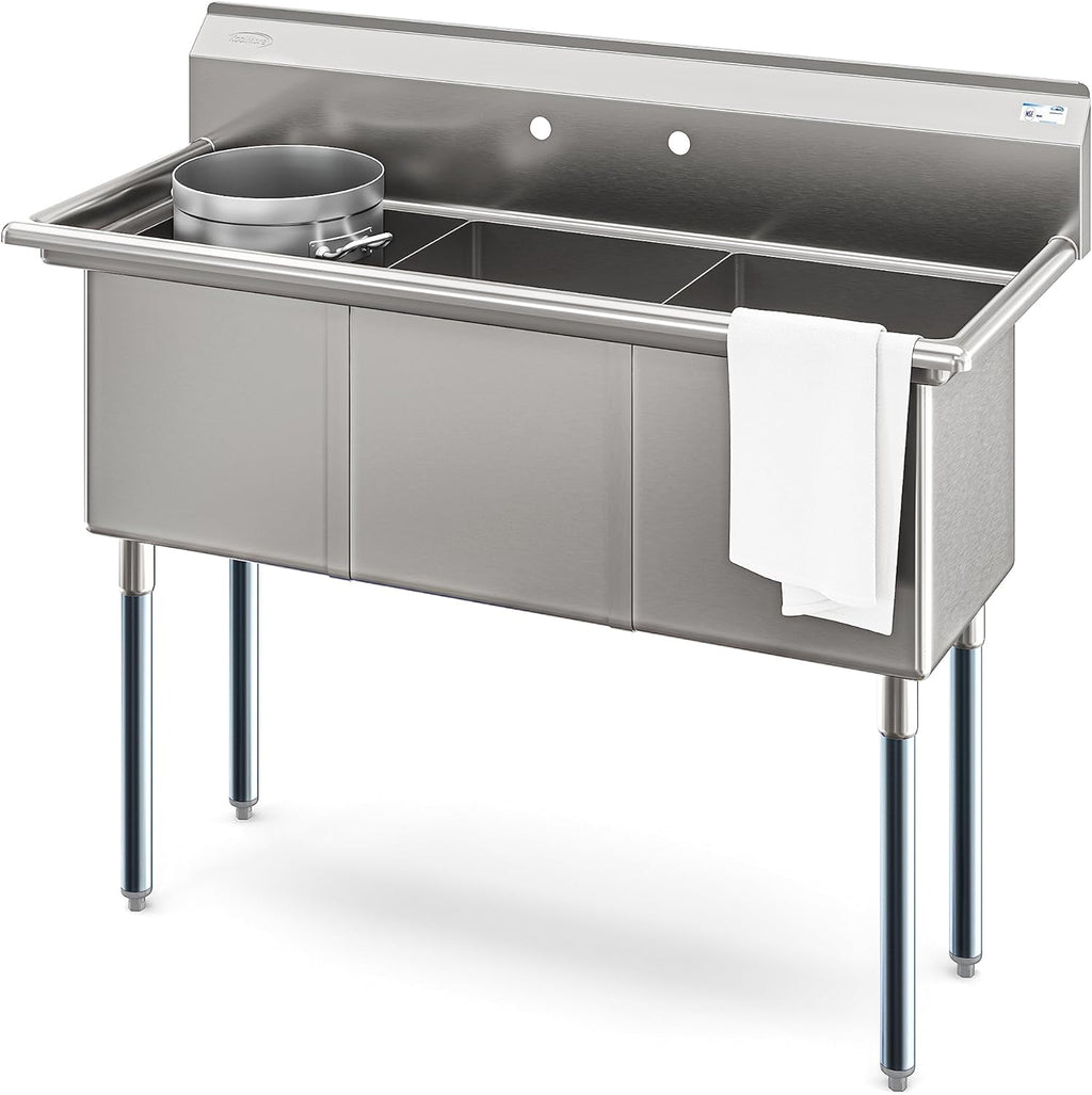 KoolMore 51 in. Three Compartment 16-Gauge Stainless-Steel Commercial Kitchen Sink, Bowl Size 15x15x14, with Three Basins for Washing and Rinsing Dishes and Pre-Drilled Faucet Holes (KM-SC151514-N316)