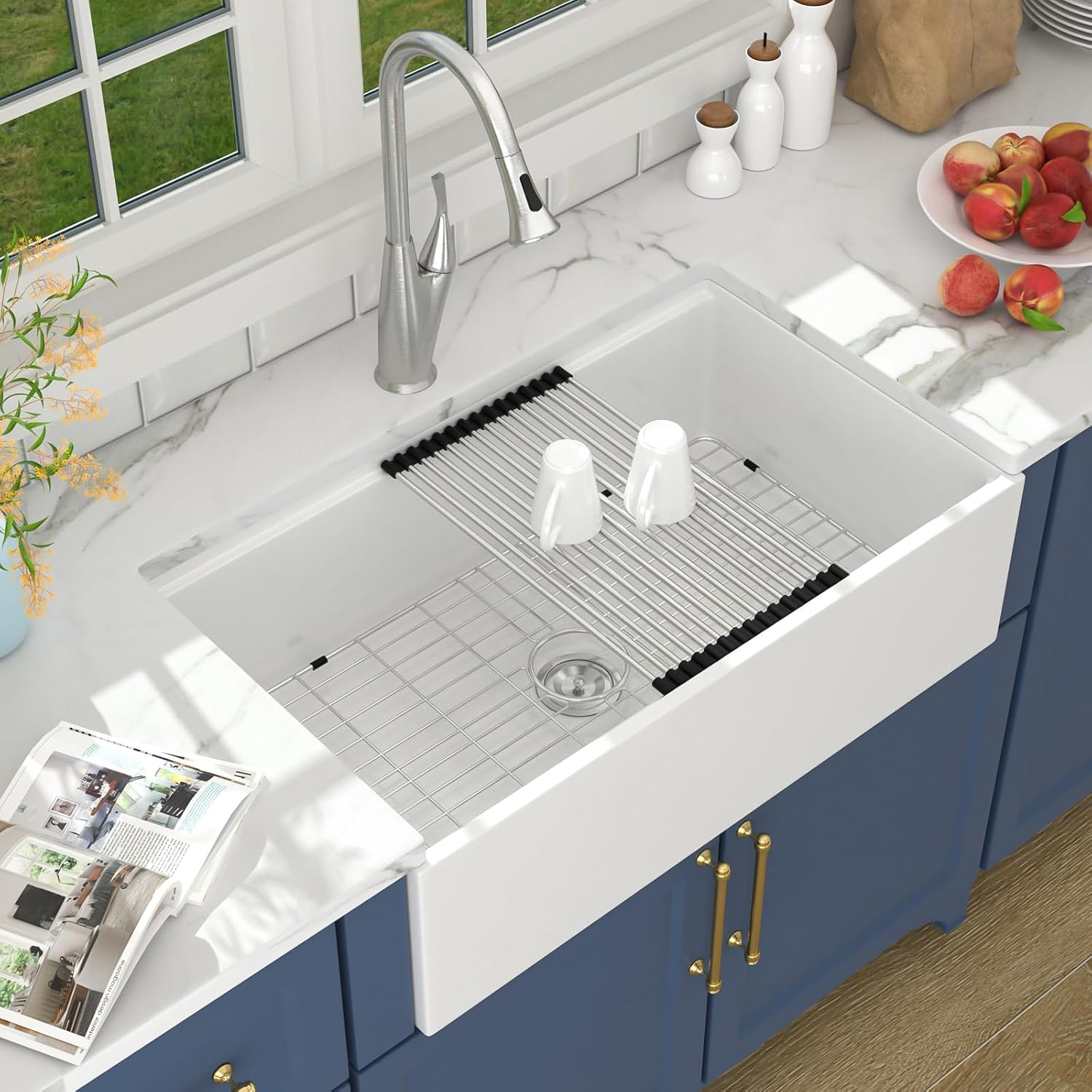 White Farmhouse Sink 33 Inch Kitchen Sinks Workstation Flat Fireclay Porcelain Ceramic Single Bowl Farm Sinks 33x20x10 Inch with Red Wooden Cutting Board