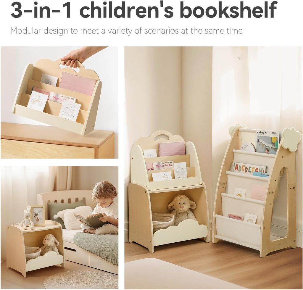 Kids Bookshelf with Storage, 3-Piece Modular Wooden Bookcase Organizer for Nursery, Bedroom, Playroom, Easy Assembly, Corner Shelf for Books & Toys, Natural Wood Design (A)