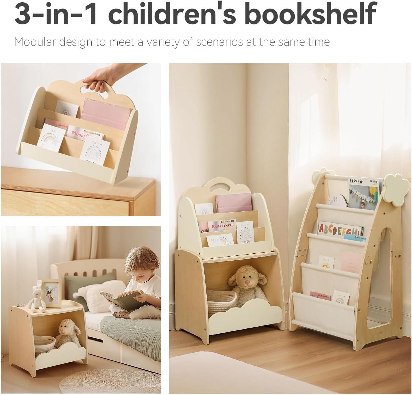 Kids Bookshelf with Storage, 3-Piece Modular Wooden Bookcase Organizer for Nursery, Bedroom, Playroom, Easy Assembly, Corner Shelf for Books & Toys, Natural Wood Design (A)