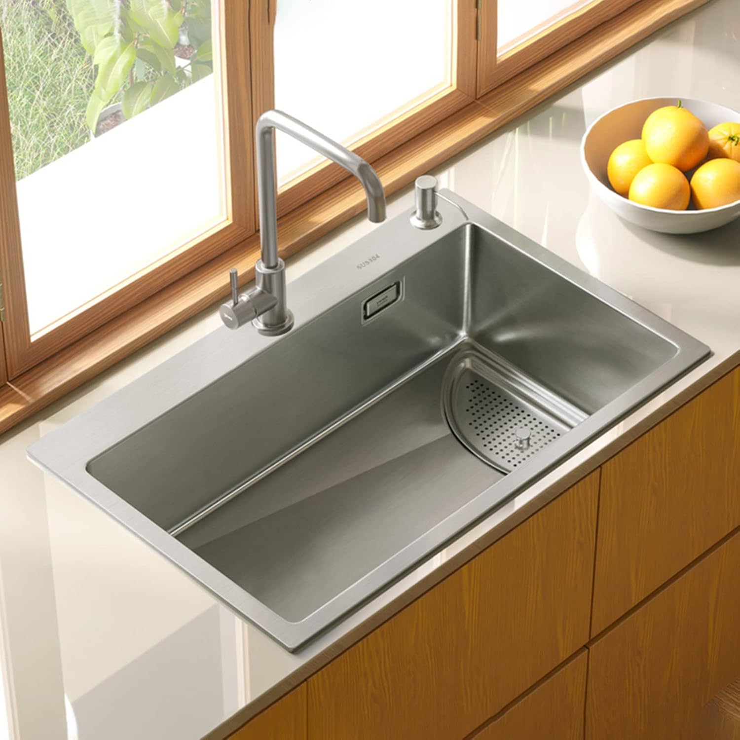 Square Brushed Single Bowl Kitchen Sink/ 304 Stainless Steel Bar Prep Sink with Drain Pipe and Installation Kit Drop in Or Undermount (Color : NO Faucet, Size : 68x45x23.5cm) (Ahave Faucet 68x45x