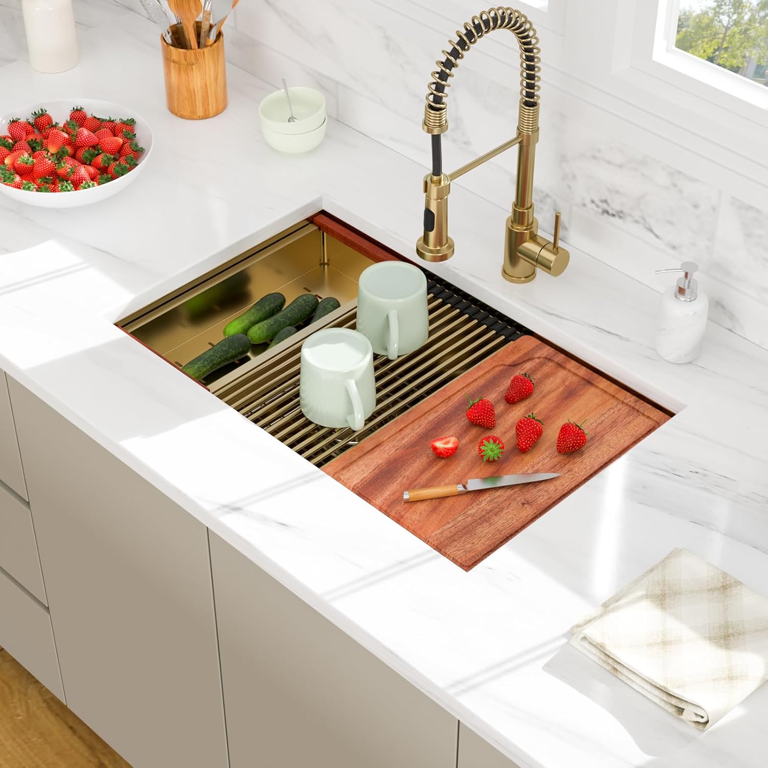 30 Gold Undermount Kitchen Sink - Beslend 30x19 Gold Double Bowl Kitchen Sinks Workstation 16 Gauge Stainless Steel Golden Sink Low Divide Double Basin 60/40
