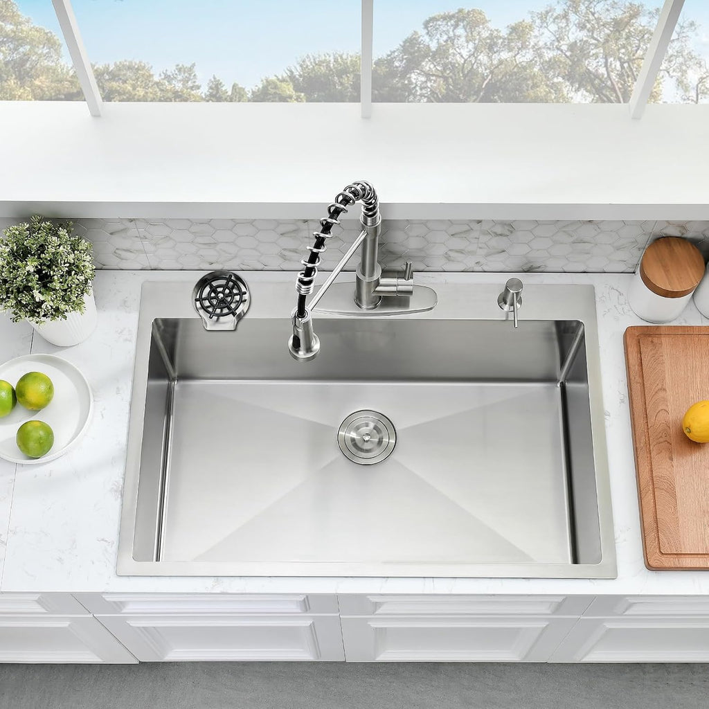 33x19 Inch Drop in Kitchen Sink with Faucet Combo - Stainless Steel 10 Inch Deep Single Bowl Top Mount Kitchen Sink with Cup Washer