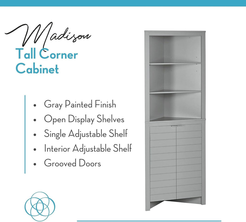 RiverRidge Madison Bathroom Corner Storage Cabinet with Open Shelves and Cupboard Tall Corner Storage Gray Bathroom Furniture Curio Cabinet