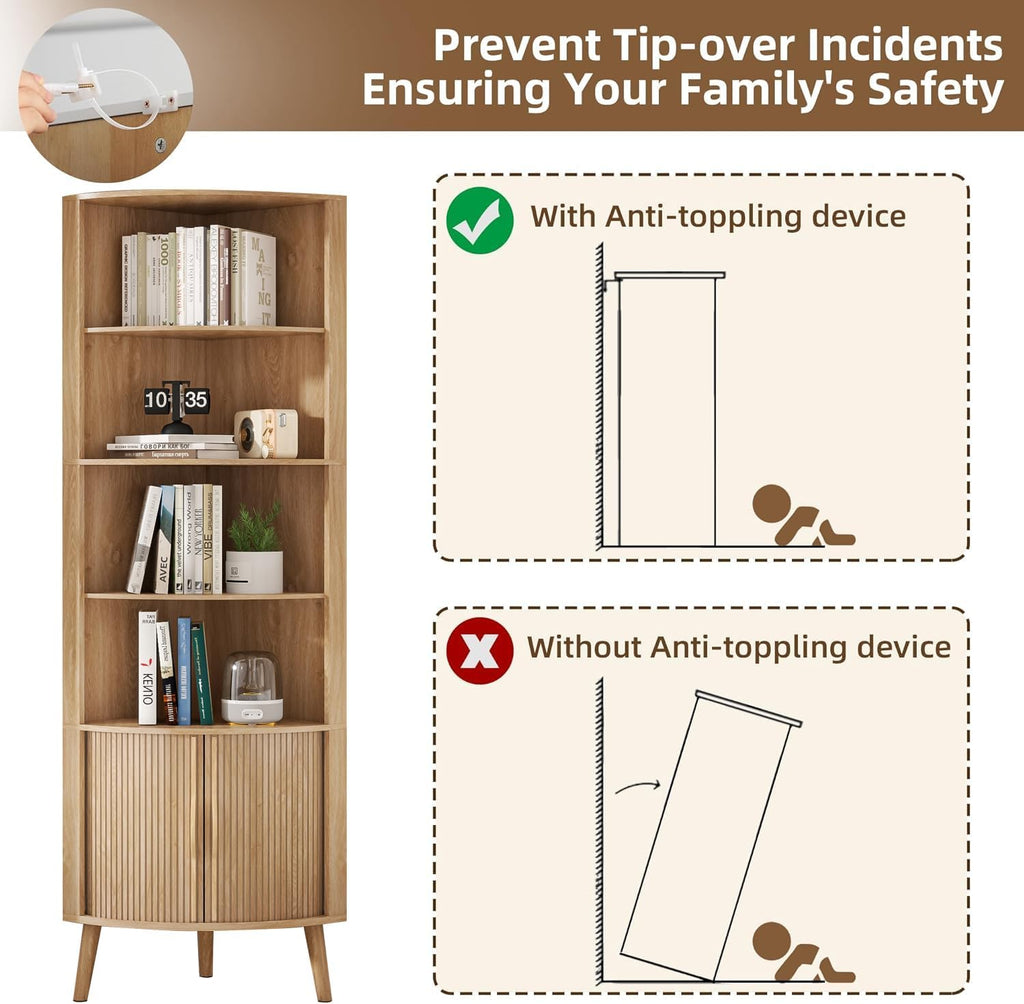 5-Tier Corner Shelf, 66.73''Tall Modern Corner Bookshelf, 5 Shelf Bookcase with 2 Fluted Doors, Freestanding Wood Corner Display Storage Shelf Organizer for Living Room, Office (Wood Color)
