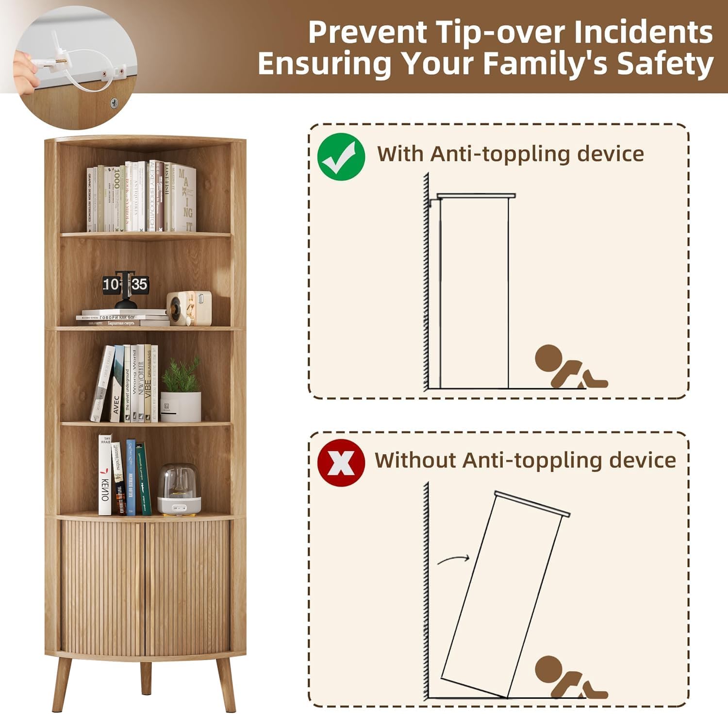 5-Tier Corner Shelf, 66.73''Tall Modern Corner Bookshelf, 5 Shelf Bookcase with 2 Fluted Doors, Freestanding Wood Corner Display Storage Shelf Organizer for Living Room, Office (Wood Color)
