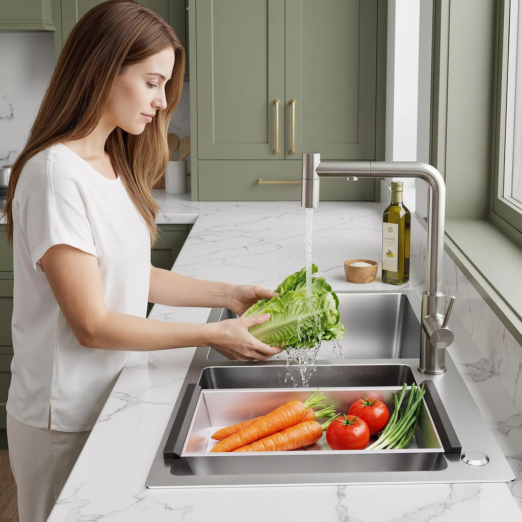 30-inch Kitchen Sink, Double Bowl Drop-in/Top-Mount 304 Stainless Steel with Nano Coating, Includes Drain Assembly & Fruit Basket for Modern Kitchen (30.7' x 16.9')