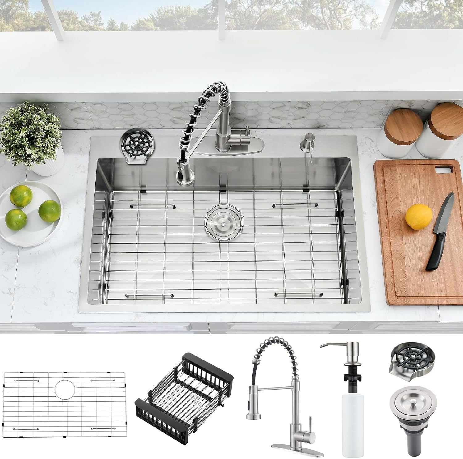 33x19 Inch Drop in Kitchen Sink with Faucet Combo - Stainless Steel 10 Inch Deep Single Bowl Top Mount Kitchen Sink with Cup Washer