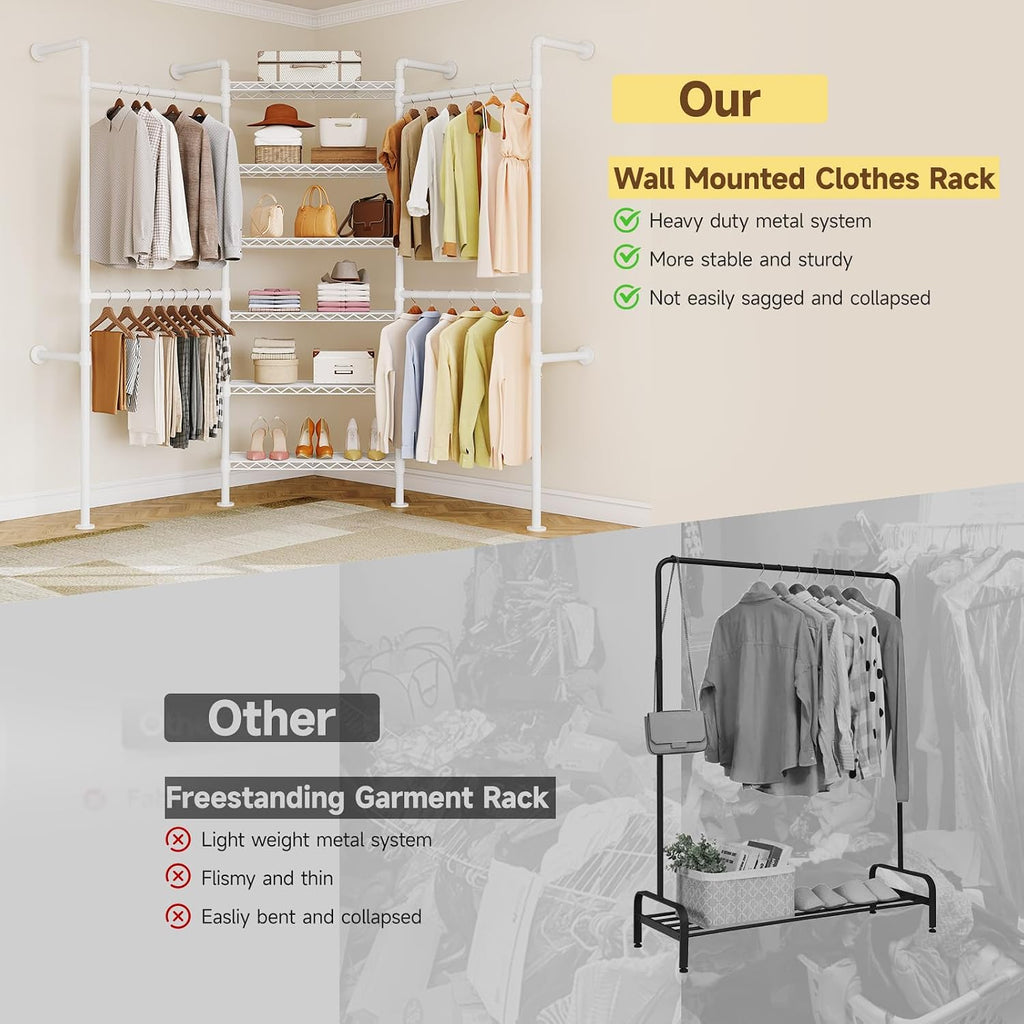 ONBRILL L3 Wall Mounted Industrial Pipe Closet System, Corner Closet Organizers with 4 Telescopic Rods & 6 Shelves, Heavy Duty Clothing Clothes Rack in Wardrobe Closet (White)